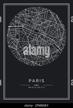 Mappa stampabile in bianco e nero della città di Parigi, poster design, vettoriale. Illustrazione Vettoriale