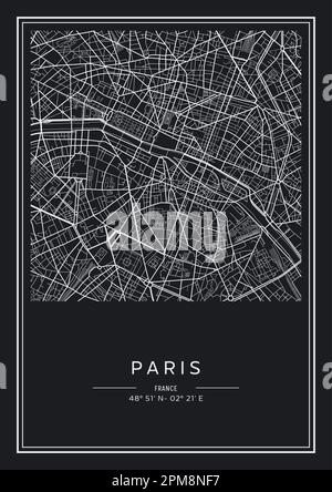 Mappa stampabile in bianco e nero della città di Parigi, poster design, vettoriale. Illustrazione Vettoriale