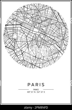 Mappa stampabile in bianco e nero della città di Parigi, poster design, vettoriale. Illustrazione Vettoriale