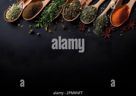 Una selezione di erbe e spezie disposte su cucchiai di legno in un ambiente scuro Foto Stock