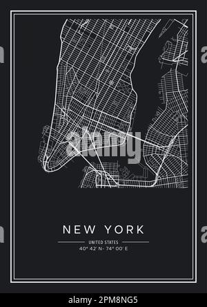 Mappa stampabile in bianco e nero della città di New York, poster design, vettoriale. Illustrazione Vettoriale