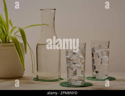 Decanter e bicchieri d'acqua con una pianta interna sullo sfondo. Foto Stock