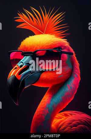 Ritratto di Flamingo. Fenicottero rosa dai colori vivaci con occhiali per le vibrazioni estive. flamingo tropicalpunk Foto Stock