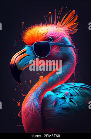 Ritratto di Flamingo. Fenicottero rosa dai colori vivaci con occhiali per le vibrazioni estive. flamingo tropicalpunk Foto Stock