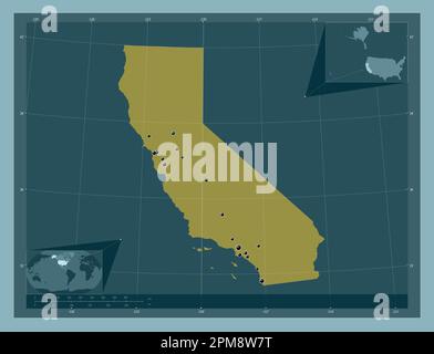 California, stato degli Stati Uniti d'America. Forma a tinta unita. Posizioni delle principali città della regione. Mappe delle posizioni ausiliarie degli angoli Foto Stock