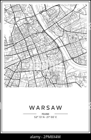 Mappa stampabile in bianco e nero della città di Varsavia, poster design, vettoriale. Illustrazione Vettoriale