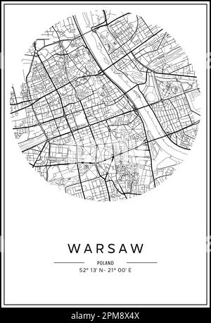 Mappa stampabile in bianco e nero della città di Varsavia, poster design, vettoriale. Illustrazione Vettoriale