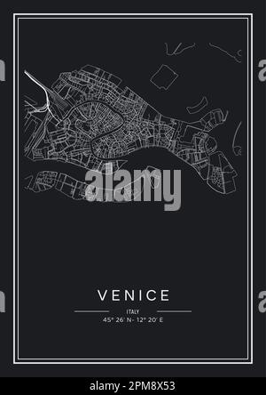 Mappa stampabile in bianco e nero della città di Venezia, poster design, vettoriale. Illustrazione Vettoriale