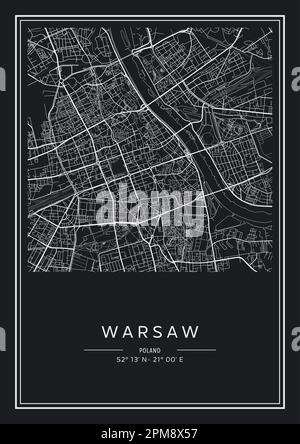 Mappa stampabile in bianco e nero della città di Varsavia, poster design, vettoriale. Illustrazione Vettoriale