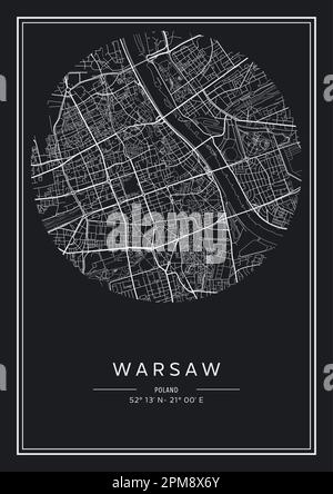 Mappa stampabile in bianco e nero della città di Varsavia, poster design, vettoriale. Illustrazione Vettoriale