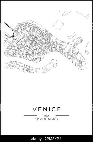 Mappa stampabile in bianco e nero della città di Venezia, poster design, vettoriale. Illustrazione Vettoriale