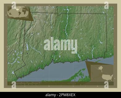 Connecticut, stato degli Stati Uniti d'America. Mappa dell'altitudine colorata in stile wiki con laghi e fiumi. Posizioni delle principali città della regione. Co Foto Stock