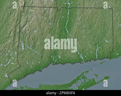 Connecticut, stato degli Stati Uniti d'America. Mappa dell'altitudine colorata in stile wiki con laghi e fiumi Foto Stock