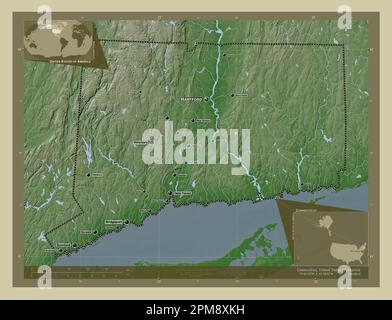 Connecticut, stato degli Stati Uniti d'America. Mappa dell'altitudine colorata in stile wiki con laghi e fiumi. Località e nomi delle principali città del Foto Stock