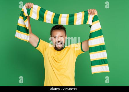 entusiasta tifoso di calcio in t-shirt gialla con sciarpa a righe e guardando la fotocamera isolato su verde, immagine stock Foto Stock