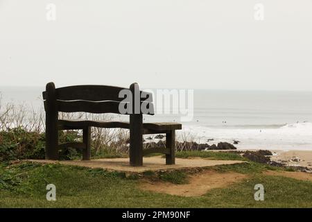 Una panchina commemorativa che si affaccia sulla baia di Croyde Foto Stock