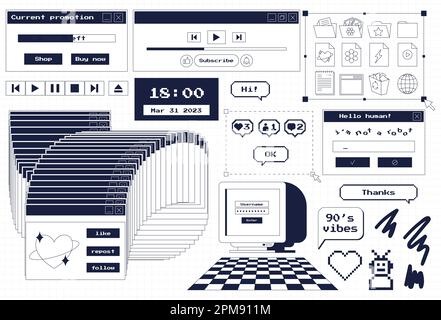 Un set di elementi di progettazione dell'interfaccia utente in stile retrò 80s, 90s. Vecchia estetica informatica. Icone e finestre vintage nostalgiche. Icone cartella, monitor, Illustrazione Vettoriale