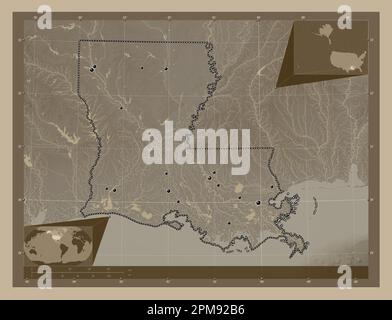 Louisiana, stato degli Stati Uniti d'America. Mappa dell'altitudine colorata in tonalità seppia con laghi e fiumi. Posizioni delle principali città della regione. Cor Foto Stock