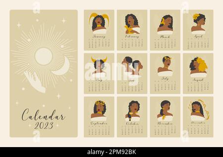 Calendario con illustrazioni cartoni animati astrologici e contemporanei. Oroscopo donne simboli Illustrazione Vettoriale