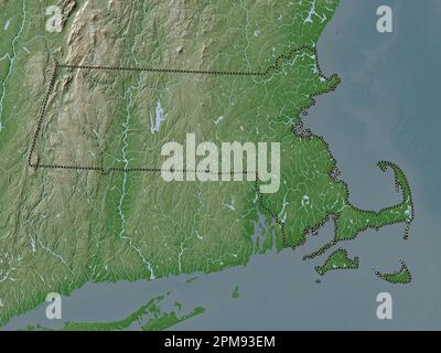 Massachusetts, stato degli Stati Uniti d'America. Mappa dell'altitudine colorata in stile wiki con laghi e fiumi Foto Stock