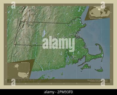 Massachusetts, stato degli Stati Uniti d'America. Mappa dell'altitudine colorata in stile wiki con laghi e fiumi. Località e nomi delle principali città di Th Foto Stock