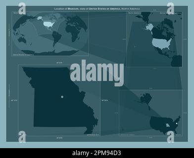 Missouri, stato degli Stati Uniti d'America. Diagramma che mostra la posizione della regione su mappe in scala più grande. Composizione di frame vettoriali e PNG sha Foto Stock