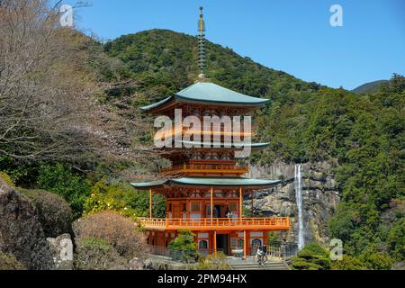 Nachikatsuura, Giappone - 19 marzo 2023: La Pagoda di Seigantoji a Kumano Nachi Taisha è un santuario shintoista situato a Nachikatsuura, Giappone. Foto Stock