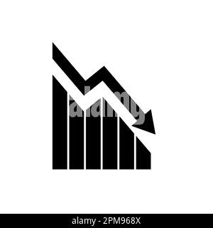 Grafico giù. L'icona nera del grafico diminuisce con la freccia isolata su sfondo bianco. Statistiche ologramma. Direzione del deficit per la progettazione del concetto di affari Illustrazione Vettoriale