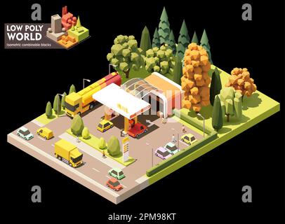 Stazione di servizio Vector isometric con minimarket. Stazione di servizio. Pompe per petrolio e diesel, automobili, camion con serbatoio carburante rimorchio Illustrazione Vettoriale