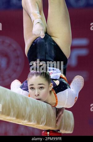 Antalya, Turchia. 12th Apr, 2023. ANTALYA - Eythora Thorsdottir in azione durante la qualificazione dei campionati europei di ginnastica in Turchia. ANP IRIS VAN DEN BROEK netherlands OUT - belgium OUT Credit: ANP/Alamy Live News Foto Stock