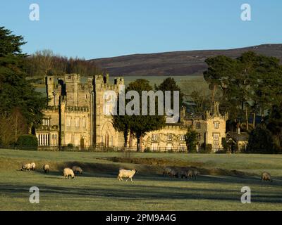 Bolton Abbey Hall (residenza di campagna privata del Duca del Devonshire, splendida campagna illuminata dal sole) - Wharfedale, Yorkshire Dales, Inghilterra UK Foto Stock