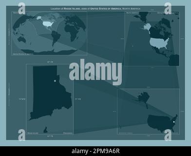 Rhode Island, stato degli Stati Uniti d'America. Diagramma che mostra la posizione della regione su mappe in scala più grande. Composizione di frame vettoriali e PNG Foto Stock