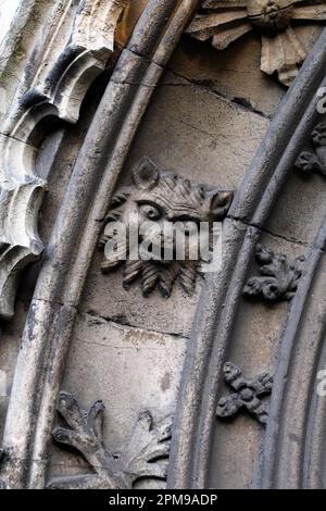 Gargoyle o grottesco volto adornando il portico d'ingresso alla St Mary's Parish Church, Beverley, East Ridings, Yorkshire. Usato per spaventare i parrocchiani Foto Stock