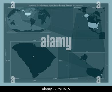 Carolina del Sud, stato degli Stati Uniti d'America. Diagramma che mostra la posizione della regione su mappe in scala più grande. Composizione di frame vettoriali e P Foto Stock