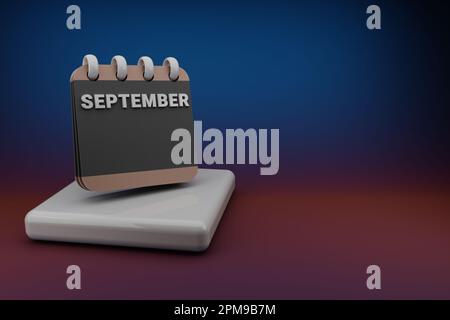 In piedi nero e rosso mese linea calendario scrivania settembre. Design moderno con elementi dorati, illustrazione in 3D. Sfondo grigio blu. Foto Stock