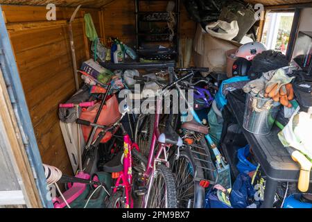 È il momento di ottenere un nuovo capannone! Biciclette, attrezzi da giardino e spazzatura generale che riempie un capannone in una casa del Regno Unito senza garage per il deposito. Tema: Spazio di archiviazione insufficiente Foto Stock