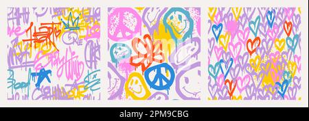 I motivi groovy Smile senza cuciture sono in stile Urban Street art graffiti. Stampa slogan tipografico con cuori e buffa margherita felice. Retrowave con stile 90s per bambini. Design sotterraneo in rosa neon Illustrazione Vettoriale