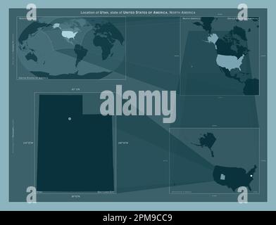 Utah, stato degli Stati Uniti d'America. Diagramma che mostra la posizione della regione su mappe in scala più grande. Composizione di fotogrammi vettoriali e forme PNG Foto Stock