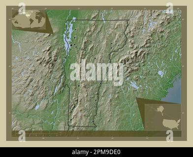 Vermont, stato degli Stati Uniti d'America. Mappa dell'altitudine colorata in stile wiki con laghi e fiumi. Posizioni delle principali città della regione. Angolo Foto Stock