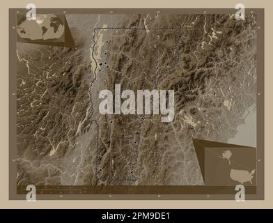 Vermont, stato degli Stati Uniti d'America. Mappa dell'altitudine colorata in tonalità seppia con laghi e fiumi. Posizioni delle principali città della regione. Corne Foto Stock