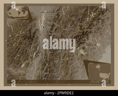 Vermont, stato degli Stati Uniti d'America. Mappa dell'altitudine colorata in tonalità seppia con laghi e fiumi. Località e nomi delle principali città del reg Foto Stock