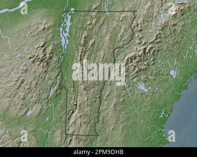 Vermont, stato degli Stati Uniti d'America. Mappa dell'altitudine colorata in stile wiki con laghi e fiumi Foto Stock