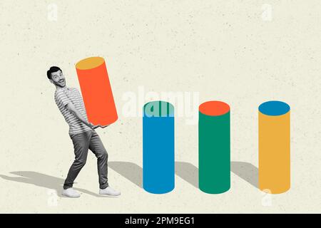 Modello composito creativo uomo tenere sistema finanziario analisi database media statistiche grafici livello di domanda isolato su sfondo dipinto Foto Stock