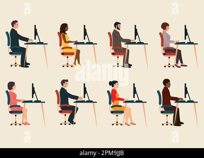 uomini d'affari che lavorano al computer. I lavoratori in ufficio sono impegnati a utilizzare un'illustrazione vettoriale piatta Illustrazione Vettoriale