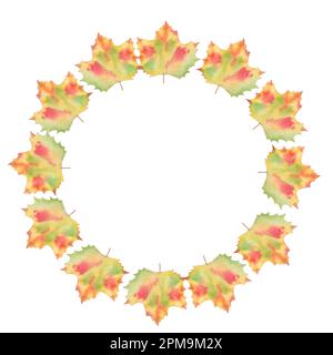 Illustrazione acquerello. Sfondo con corona, belle foglie di ramo d'autunno. Elementi per il biglietto d'auguri di design, invito di nozze, banner. Foto Stock