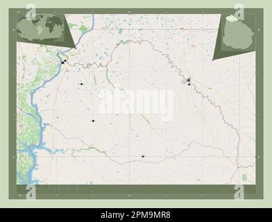 Artigas, dipartimento dell'Uruguay. Aprire la mappa stradale. Posizioni delle principali città della regione. Mappe delle posizioni ausiliarie degli angoli Foto Stock