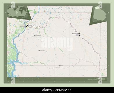 Artigas, dipartimento dell'Uruguay. Aprire la mappa stradale. Località e nomi delle principali città della regione. Mappe delle posizioni ausiliarie degli angoli Foto Stock