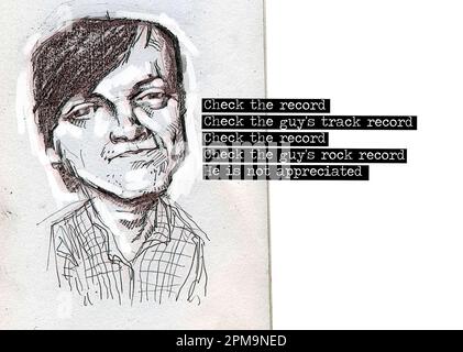 Illustrazione d'arte Mark E. Smith (Mark Edward Smith) cantante inglese, lirista e unico membro costante del gruppo post-punk The Fall. Lyrics New Big Prinz. Foto Stock