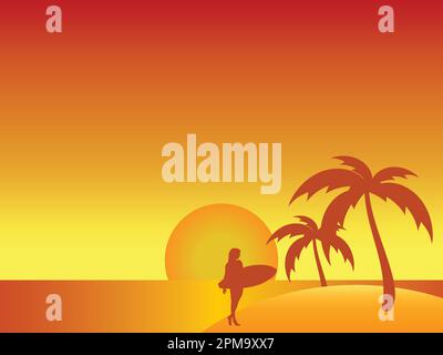 Summer Island View al tramonto con Silhouette di Female Surfer Walking con la sua tavola da surf e palme sfondo Illustrazione Vettoriale