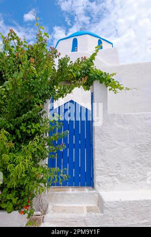 Vicolo con bougainvillea (bougainvillea) o triplo fiore, Parikia, Paros, Clyclades, Grecia Foto Stock